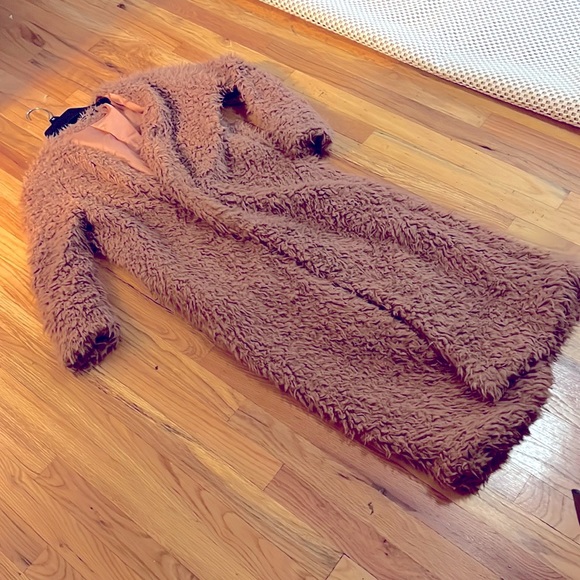 Dusty rose boohoo fluffy fuzzy pink faded long jacket silky lining size 4 fall - Picture 2 of 6